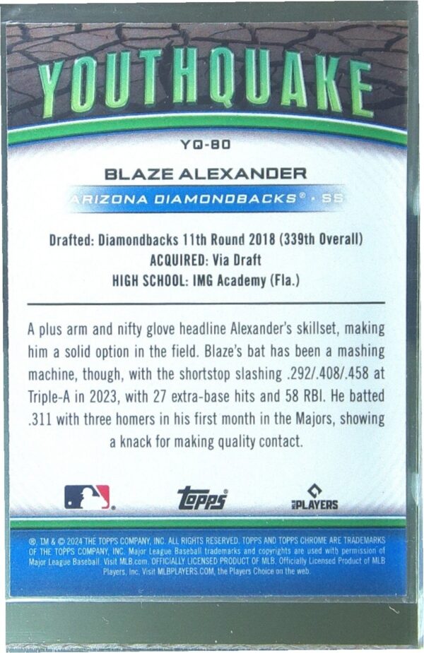 2024 Topps Chrome Update Blaze Alexander RC #YQ-80 Diamondbacks Youthquake - Image 3