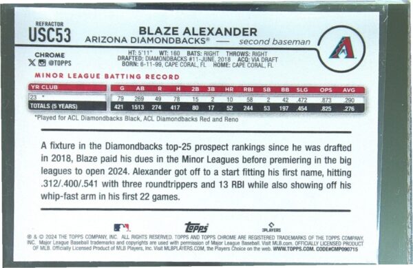 2024 Topps Chrome Update Blaze Alexander X Fractors RC #USC53 Diamondbacks - Image 3