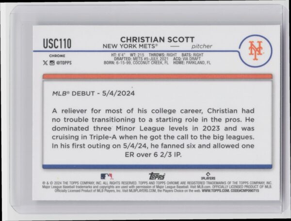 2024 Topps Chrome Update Christian Scott RayWave Refractors #USC110 Mets - Image 3