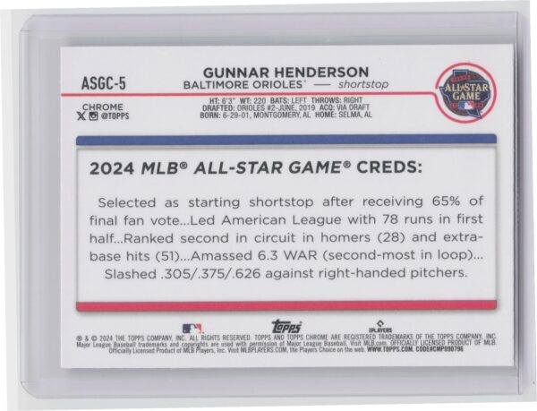 2024 Topps Chrome Update Gunnar Henderson #ASGC-5 Orioles 2024 All Star Game - Image 3
