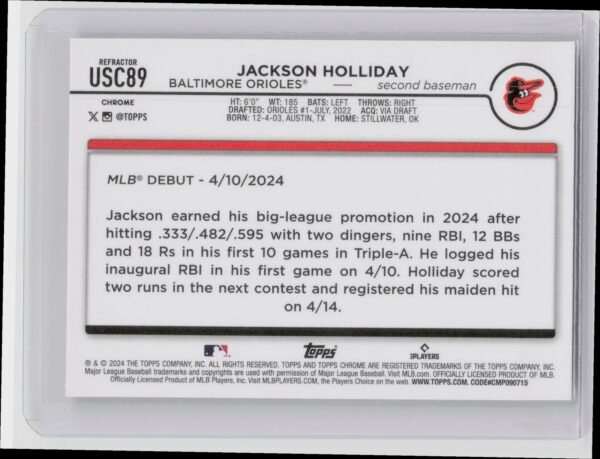 2024 Topps Chrome Update Jackson Holliday Prism Refractors #USC89 Orioles - Image 3