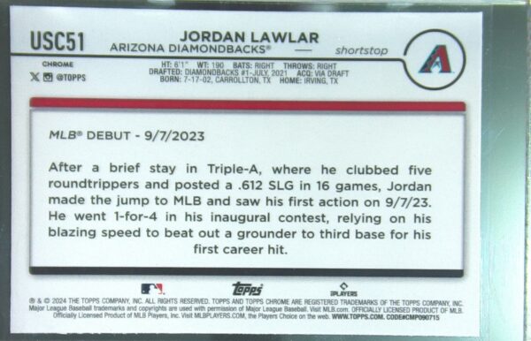 2024 Topps Chrome Update Jordan Lawlar RC #USC51 Diamondbacks - Image 3