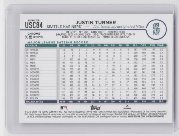 2024 Topps Chrome Update Justin Turner #USC84 Mariners - Image 3