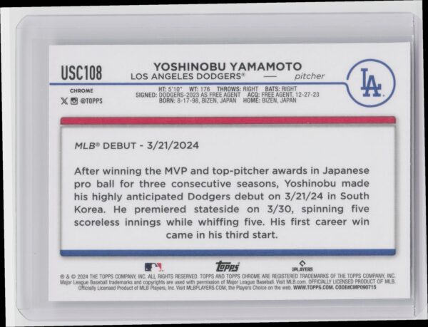 2024 Topps Chrome Update Yoshinobu Yamamoto X Fractors #USC108 Dodgers - Image 3
