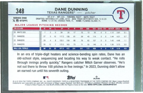 2024 Topps Dane Dunning Holiday #348 Rangers - Image 3