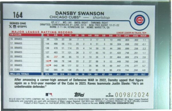 2024 Topps Dansby Swanson Gold /2024 #164 Cubs - Image 3