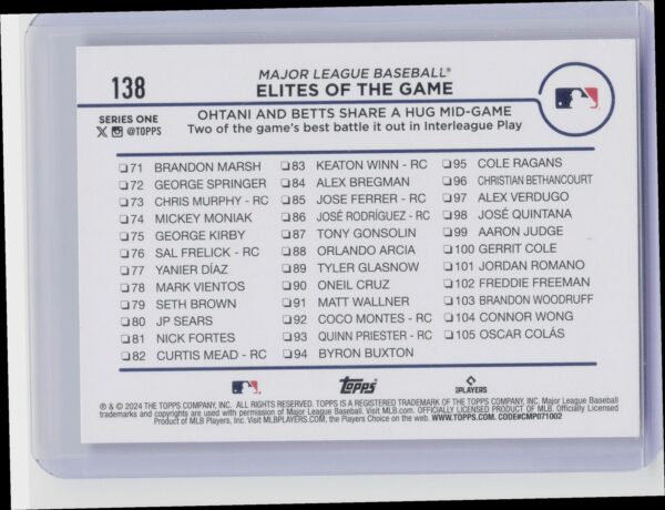 2024 Topps Elites of the Game: Ohtani and Betts Share a Hug Mid-Game #138 Angels - Image 3