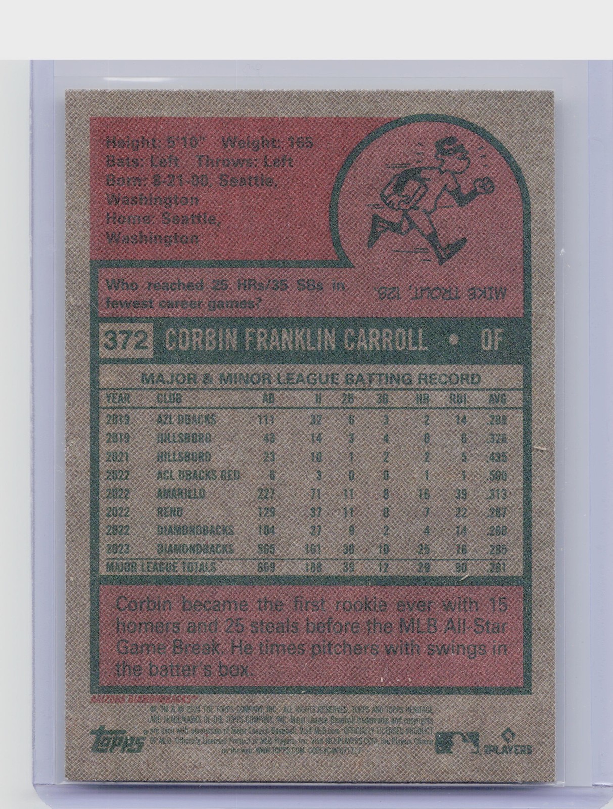 2024 Topps Heritage Mini Corbin Carroll #372 Diamondbacks - Image 3