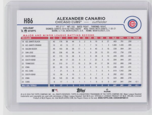 2024 Topps Holiday Alexander Canario RC #H86 Cubs - Image 3