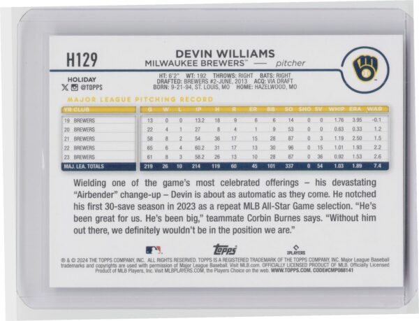 2024 Topps Holiday Devin Williams #H129 Brewers - Image 3