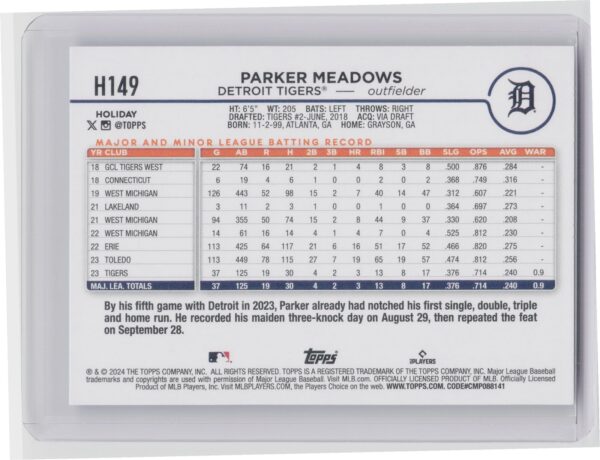 2024 Topps Holiday Parker Meadows Rookie H149 Tigers - Image 3