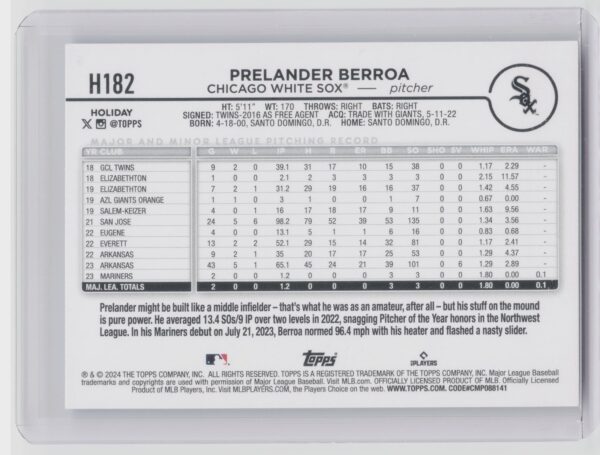 2024 Topps Holiday Prelander Berroa RC #H182 Sox - Image 3