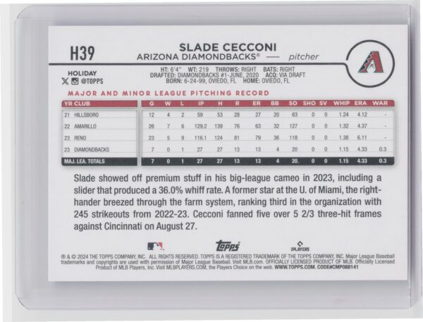 2024 Topps Holiday Slade Cecconi Rookie H39 Diamondbacks - Image 3