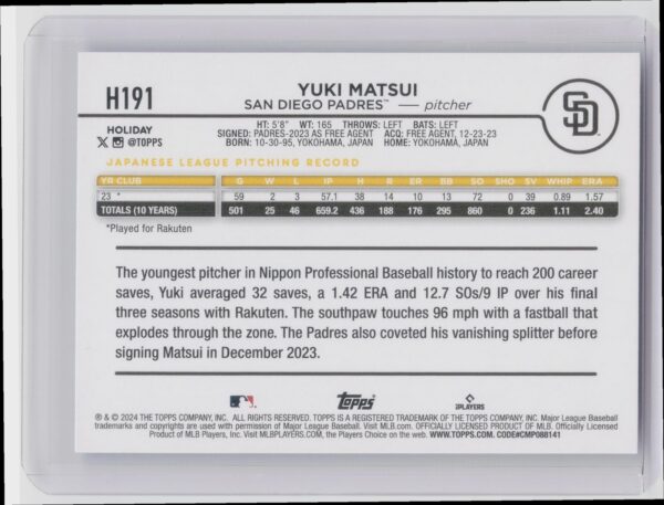 2024 Topps Holiday Yuki Matsui RC #H191 Padres - Image 3