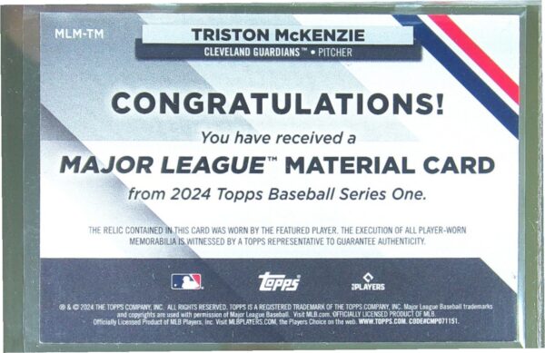 2024 Topps Triston McKenzie JSY #MLM-TM Guardians Major League Material Relics - Image 3