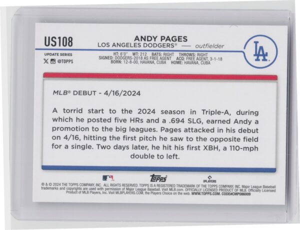 2024 Topps Update Andy Pages #US108 Dodgers - Image 3