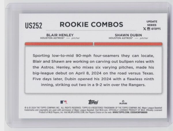 2024 Topps Update Blair Henley  / Shawn Dubin RC #US252 Astros - Image 3