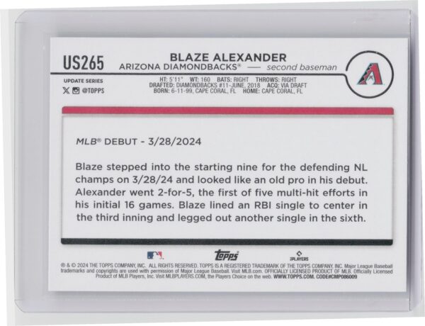 2024 Topps Update Blaze Alexander #US265 Diamondbacks - Image 3