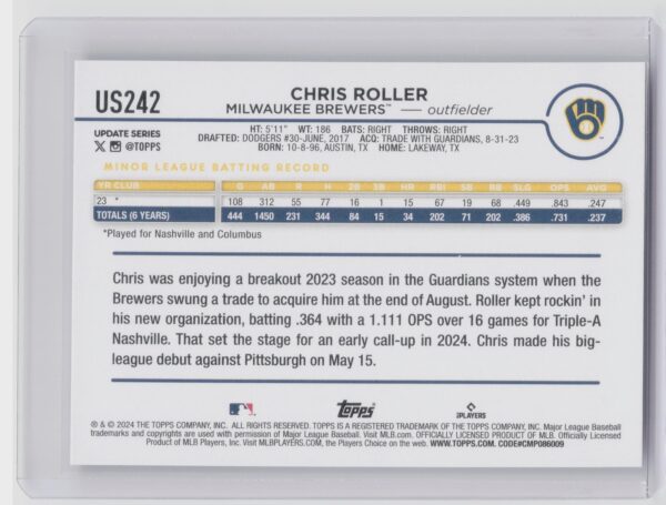 2024 Topps Update Chris Roller RC #US242 Brewers - Image 3