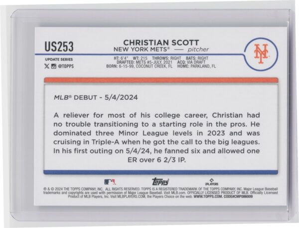 2024 Topps Update Christian Scott RC #US253 Mets - Image 3