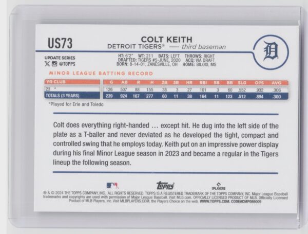 2024 Topps Update Colt Keith RC #US73 Tigers - Image 3