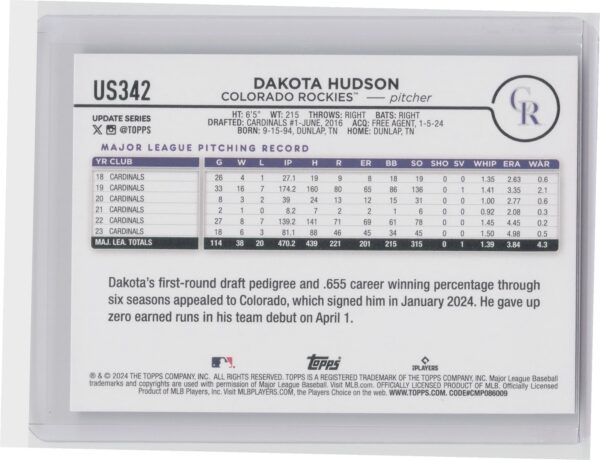 2024 Topps Update Dakota Hudson Rainbow Foil #US342 Rockies - Image 3