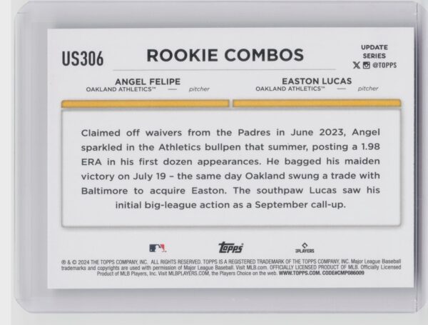 2024 Topps Update Easton Lucas  / Angel Felipe RC #US306 Athletics - Image 3
