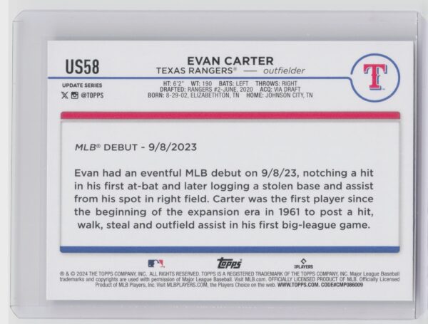 2024 Topps Update Evan Carter #US58 Rangers - Image 3