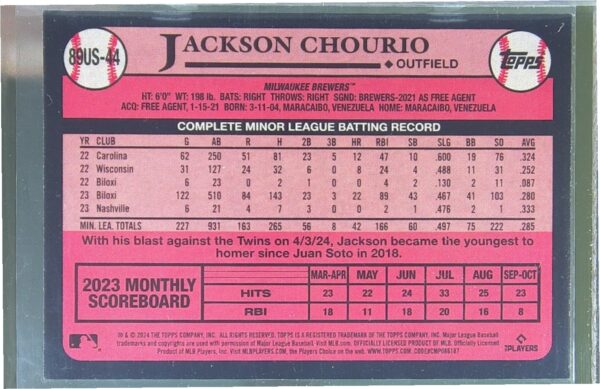 2024 Topps Update Jackson Chourio RC #89US-44 Brewers 1989 35th Anniversary - Image 3