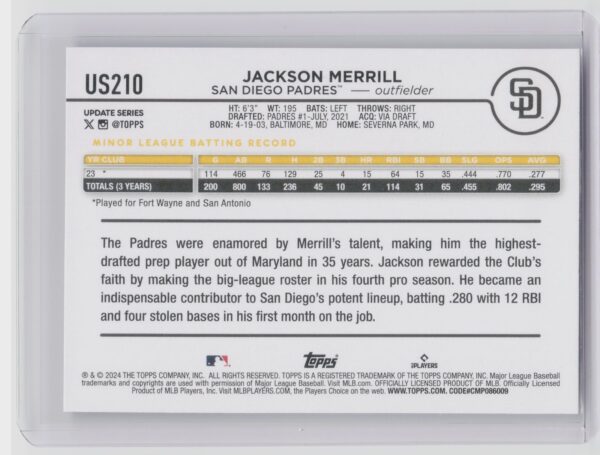 2024 Topps Update Jackson Merrill RC #US210 Padres - Image 3