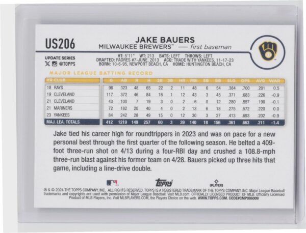 2024 Topps Update Jake Bauers #US206 Brewers - Image 3