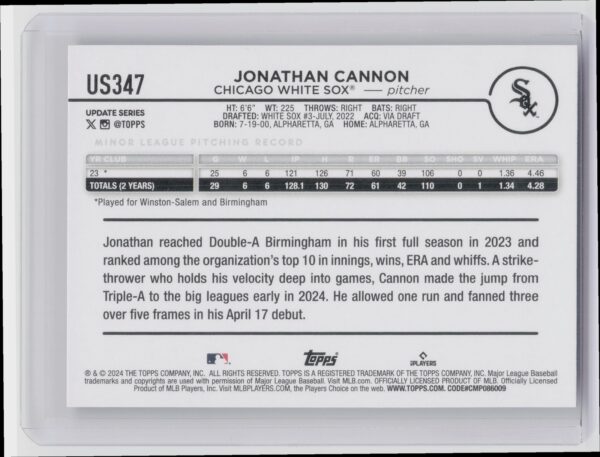 2024 Topps Update Jonathan Cannon RC #US347 Sox - Image 3