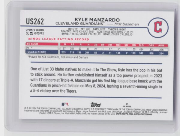 2024 Topps Update Kyle Manzardo RC #US262 Guardians - Image 3