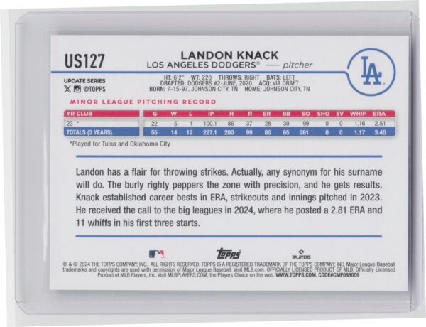 2024 Topps Update Landon Knack RC #US127 Dodgers - Image 3
