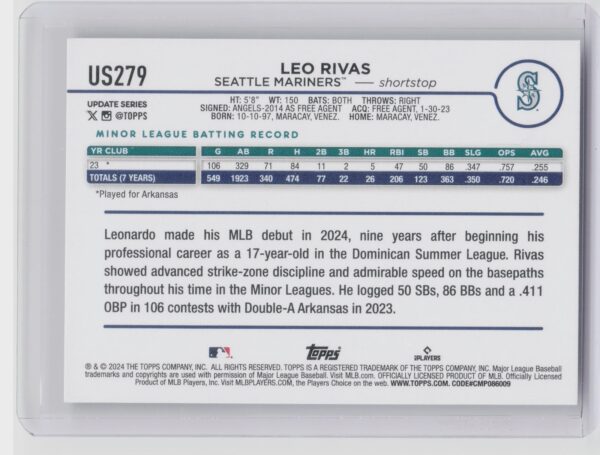 2024 Topps Update Leo Rivas RC #US279 Mariners - Image 3