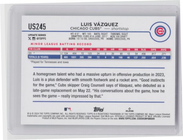2024 Topps Update Luis Vázquez RC US245 Cubs - Image 3