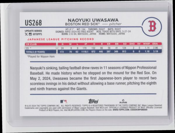 2024 Topps Update Naoyuki Uwasawa RC #US268 Sox - Image 3