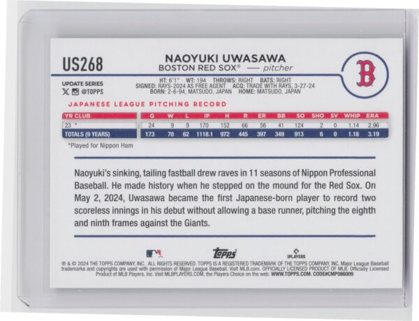 2024 Topps Update Naoyuki Uwasawa #US268 Sox - Image 3