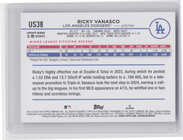 2024 Topps Update Ricky Vanasco RC #US38 Dodgers - Image 3
