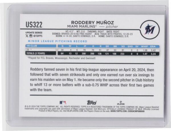 2024 Topps Update Roddery Munoz RC #US322 Marlins - Image 3
