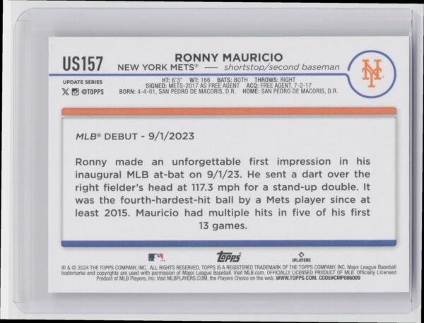 2024 Topps Update Ronny Mauricio RC #US157 Mets - Image 3