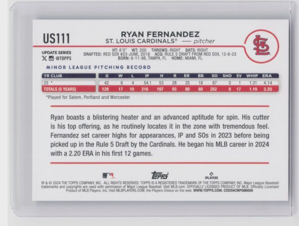 2024 Topps Update Ryan Fernandez Royal Blue #US111 Cardinals - Image 3