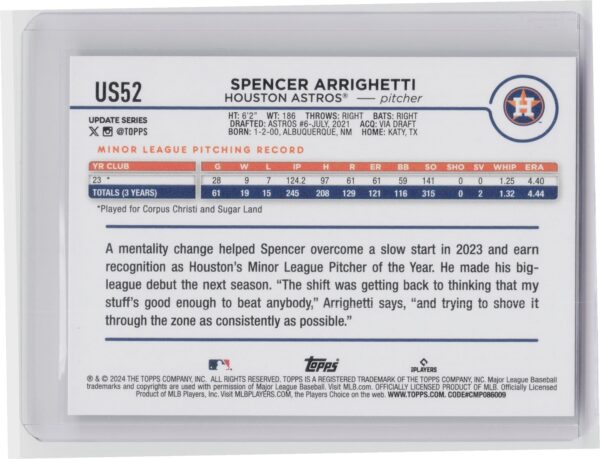 2024 Topps Update Spencer Arrighetti RC #US52 Astros - Image 3