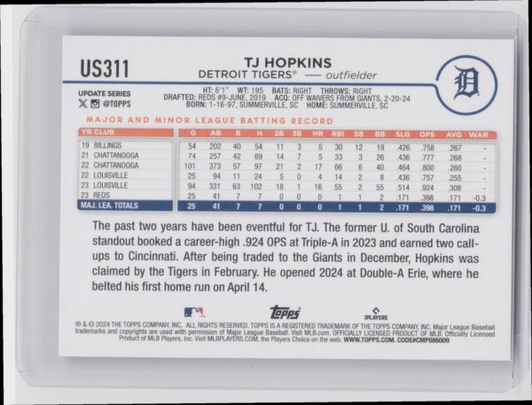 2024 Topps Update TJ Hopkins RC #US311 Tigers - Image 3