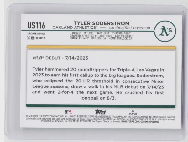 2024 Topps Update Tyler Soderstrom RC #US116 Athletics - Image 3