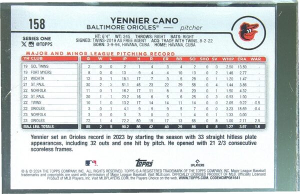 2024 Topps Yennier Cano Holiday #158 Orioles - Image 3
