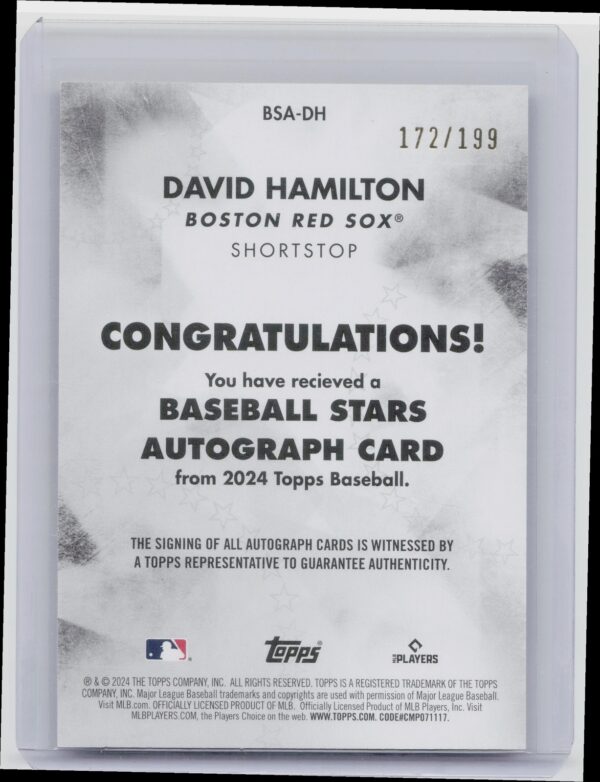 2024 Topps series 2 David Hamilton rookie autograph /199 BSA-DH Sox - Image 3