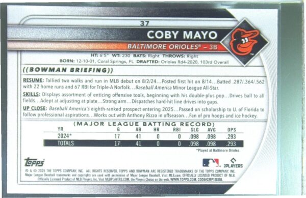 2025 Bowman Coby Mayo RC #37 Orioles - Image 3