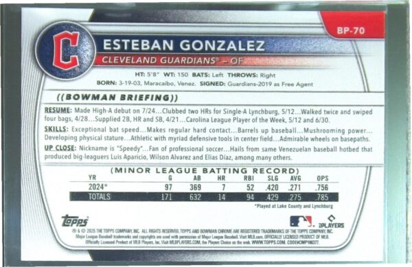 2025 Bowman Esteban Gonzalez #BP-70 Guardians Prospects - Image 3