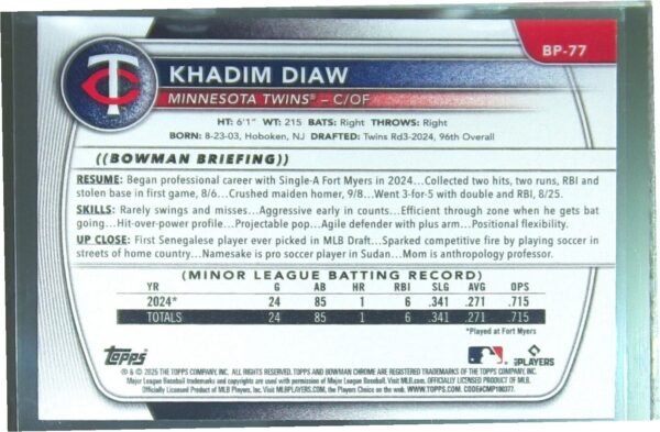 2025 Bowman Khadim Diaw #BP-77 Twins Prospects - Image 3